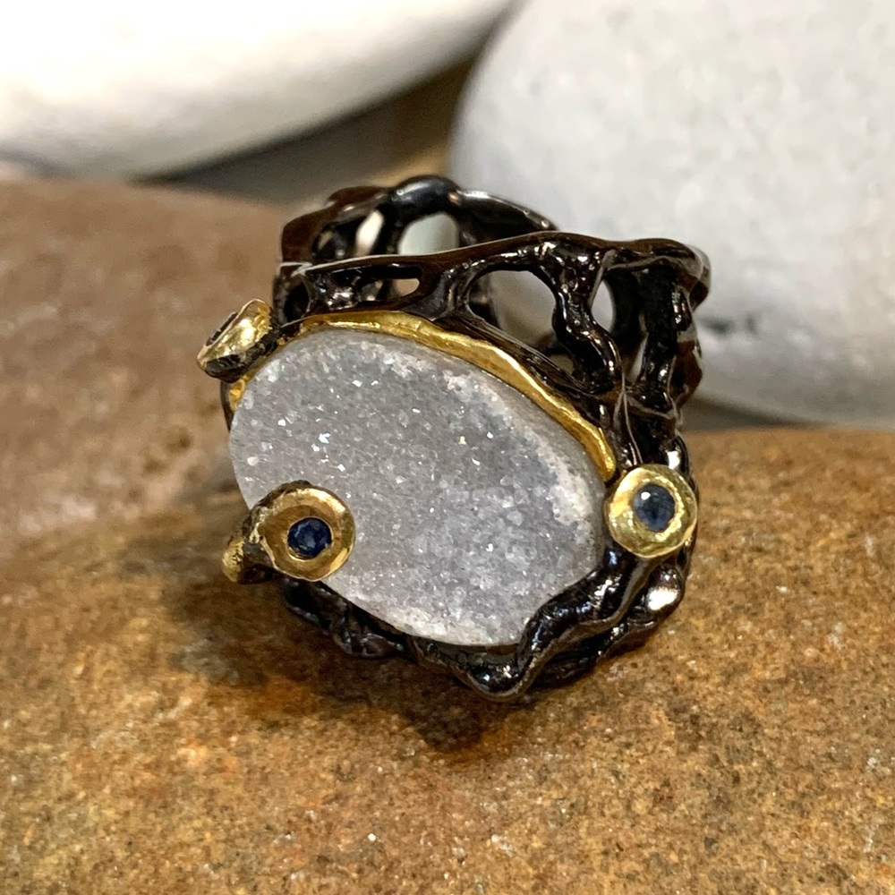 Volcanic Crystal Sapphire Sterling & 14 kt Ring